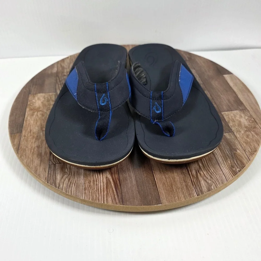 OluKai Nohona 10350-DEDE Mens US 8 Flip Flop Navy Leather Slip On Thong Sandals